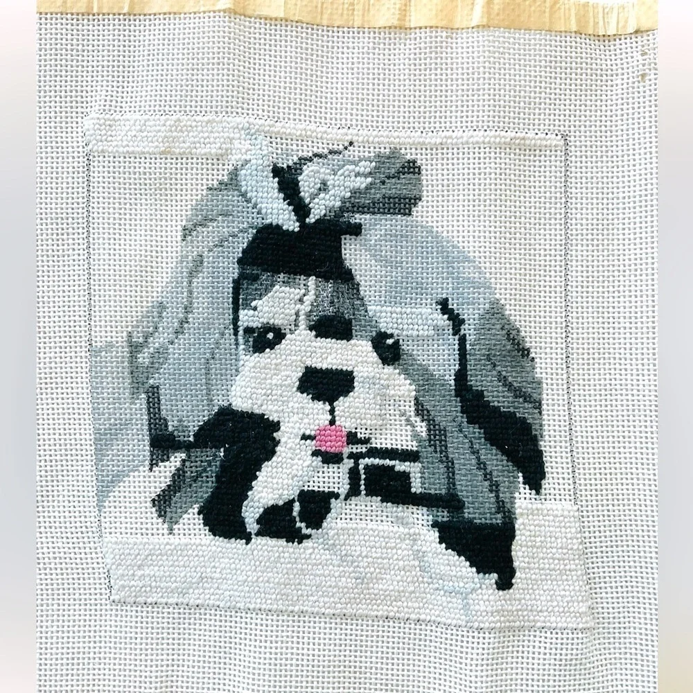Shih Tzu Dog Needlepoint Canvas 7x7 Partially Completed Petit Point